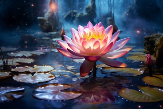 Water lily magical flower. Bloom plant nature exotic purple flowers. Generate Ai