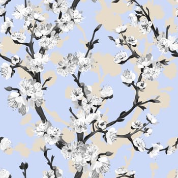 Seamless black and white pattern with sakura cherry branch drawn in gouache textiles