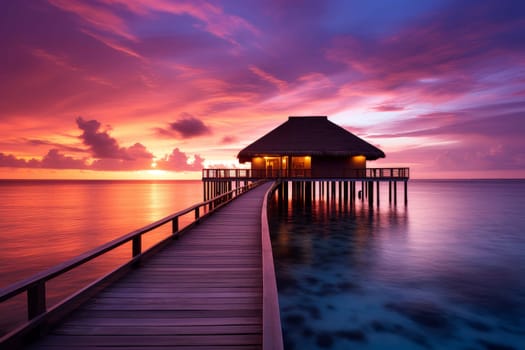 Radiant Maldives ocean beach sunset. Nature sand. Generate Ai