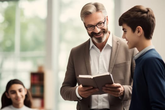 Approachable Male teacher smiling. Looking classroom. Generate Ai