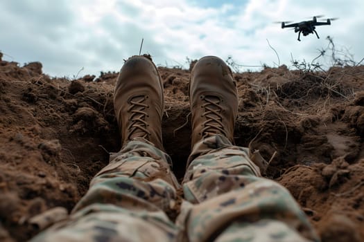 Fallen soldier legs laying on the dirt with flying drone in the sky above. Neural network generated image. Not based on any actual scene or pattern.