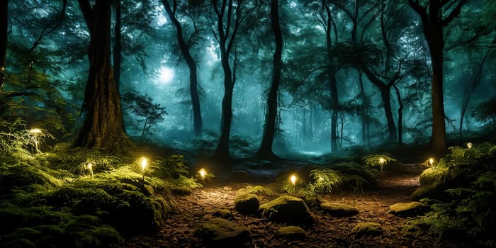 Moonlit Forest Glade. Amidst ancient trees, a moonbeam illuminates a hidden glade. Dew-kissed mushrooms glow softly, and fireflies dance in the night. Ethereal beauty of this mystical meeting place.