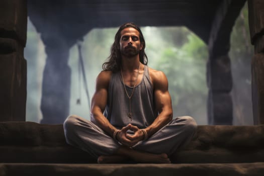 Harmonious Man sitting meditate in nature. Alone male. Generate Ai