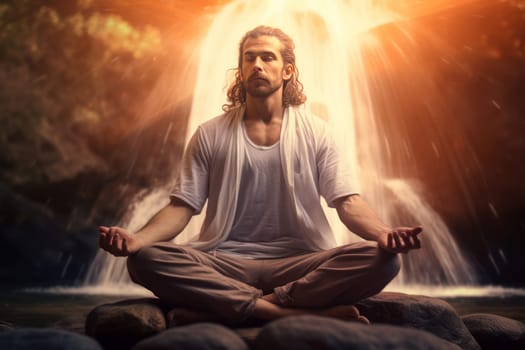 Peaceful Man sitting meditate in nature. Alone male. Generate Ai