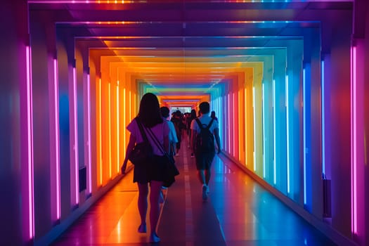 A group of people walking down a hallway with colorful lights. Neural network generated image. Not based on any actual scene or pattern.