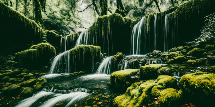 Enchanted Waterfall. A waterfall cascades down moss-covered rocks, revealing a secret grotto behind its veil. Crystal-clear water sparkles with hints of magic, and colorful flowers bloom along the banks.