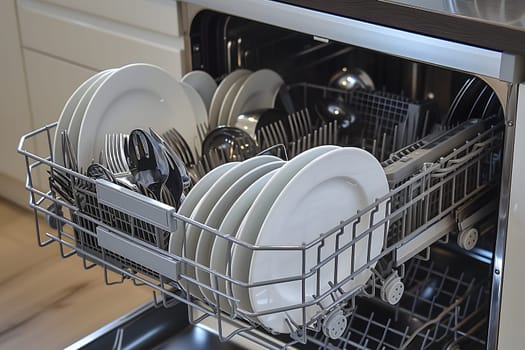 A dishwasher with many plates and silverware in it. Neural network generated image. Not based on any actual scene or pattern.