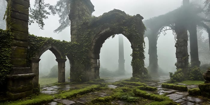 Mist-Clad Ruins. The remnants of an ancient castle, shrouded in mist. Ivy-clad walls crumble gracefully, and forgotten statues guard the entrance.