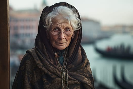 Captivating Old woman venice. Italy wall. Generate Ai