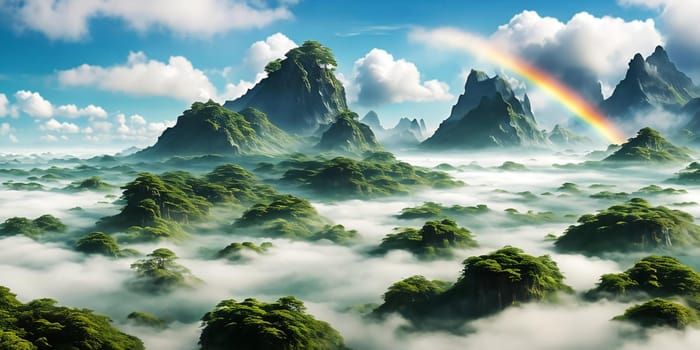 Floating Isles. Above a sea of clouds, islands drift like dreamscapes. Each is a miniature world, lush forests, waterfalls, and floating gardens. The sky holds its breath, and rainbows weave through the mist.