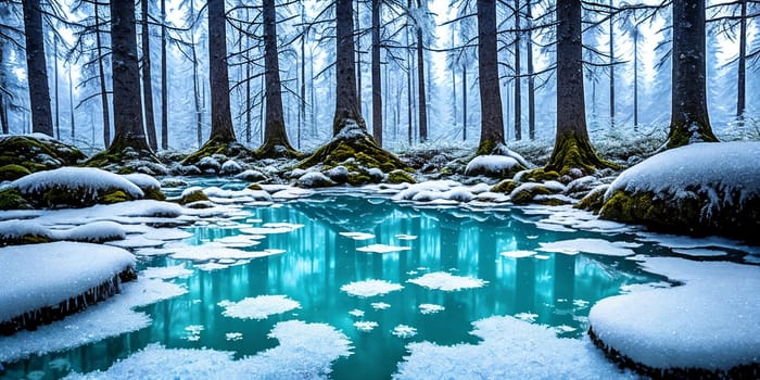 Frozen Fairy Pond. In the heart of a snow-covered forest, a pond lies frozen. Delicate frost patterns adorn its surface, and beneath the ice, mythical creatures slumber.The stillness and magic of winter.