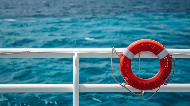 Lifebuoy attached to a ship's white railing, with the clear blue sea in the background. Neural network generated image. Not based on any actual scene or pattern.