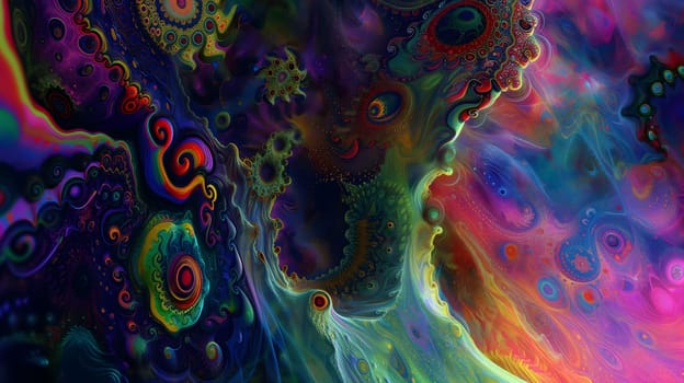 Saturated colorful mad abstract background, random different shapes and objects, hallucinations of ancient shaman after mushroom overdose. Neural network generated image. Not based on any actual scene or pattern.