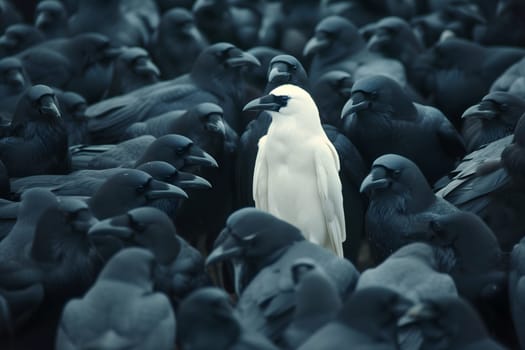 A white crow among many black crows. Neural network generated image. Not based on any actual scene or pattern.