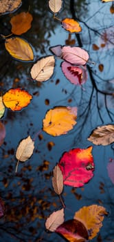 An abstract composition of colorful autumn leaves floating on a reflective water surface of a pond. Neural network generated image. Not based on any actual scene or pattern.