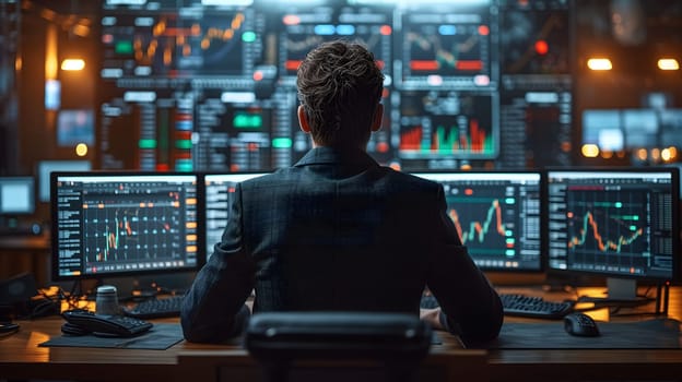 Back view of a financial analyst day trader working on computer with many screens that shows real-time stock data. Neural network generated image. Not based on any actual scene or pattern.