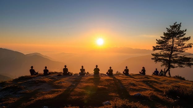 Group of people practicing yoga poses at sunrise on a mountain peak above the clouds, symbolizing peace and mindfulness. Resplendent.