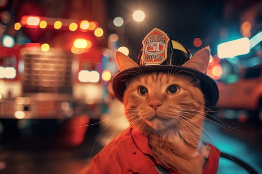 A cat wearing a firemans hat while walking in the street.