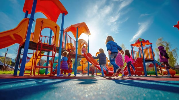 Young children enjoy a sunny day playing on vibrant playground equipment in a park with slides and climbing structures. Resplendent.