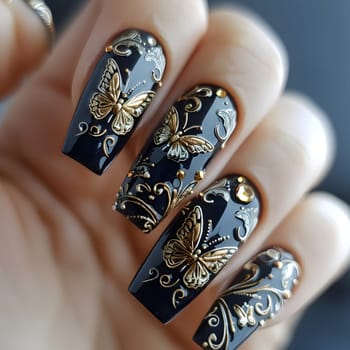 Her nails are adorned with black and gold nail polish featuring delicate butterfly designs, showcasing her exquisite manicure and attention to nail care