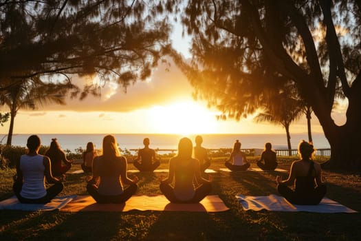 A serene yoga class at sunrise, participants in a tranquil outdoor setting, symbolizing peace and mindfulness. Resplendent.