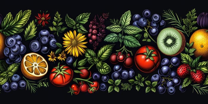 drawing seamless pattern with vegetables and fruits at white background hand drawn illustration