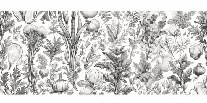 drawing seamless pattern with vegetables and fruits at white background hand drawn illustration