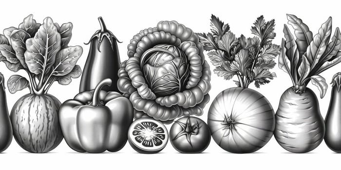 drawing seamless pattern with vegetables and fruits at white background hand drawn illustration