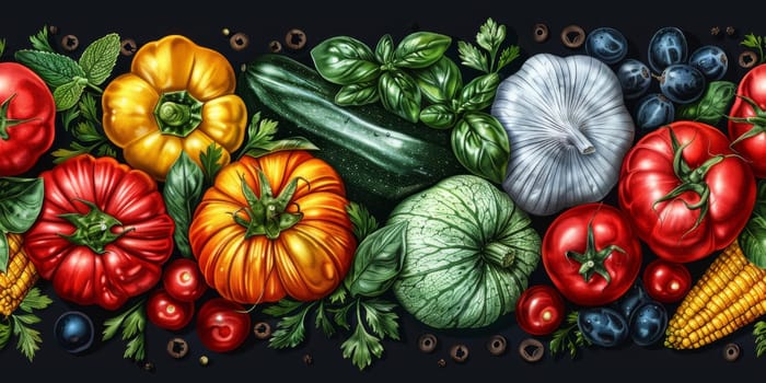 drawing seamless pattern with vegetables and fruits at white background hand drawn illustration