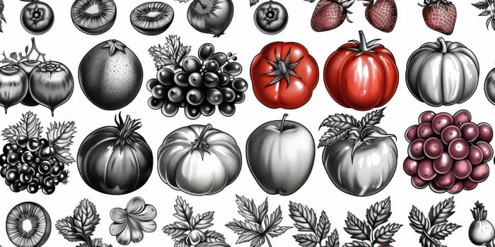 drawing seamless pattern with vegetables and fruits at white background hand drawn illustration