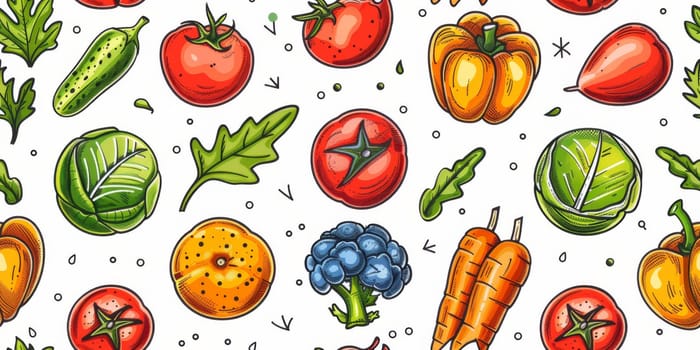 drawing seamless pattern with vegetables and fruits at white background hand drawn illustration