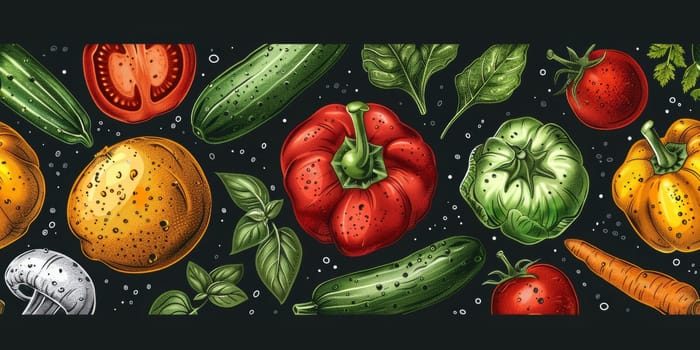 drawing seamless pattern with vegetables and fruits at white background hand drawn illustration