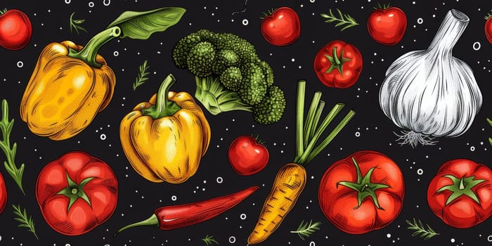 drawing seamless pattern with vegetables and fruits at white background hand drawn illustration