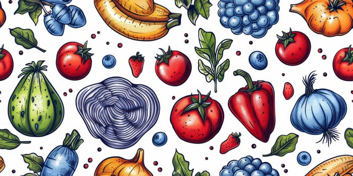 drawing seamless pattern with vegetables and fruits at white background hand drawn illustration