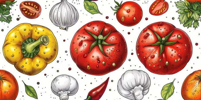 drawing seamless pattern with vegetables and fruits at white background hand drawn illustration