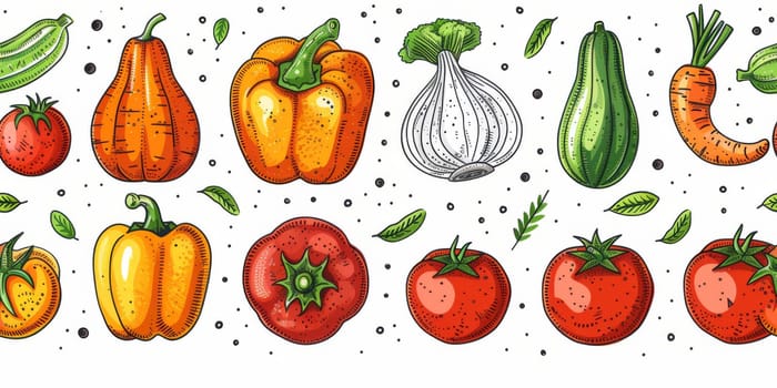 drawing seamless pattern with vegetables and fruits at white background hand drawn illustration