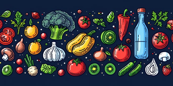 drawing seamless pattern with vegetables and fruits at white background hand drawn illustration