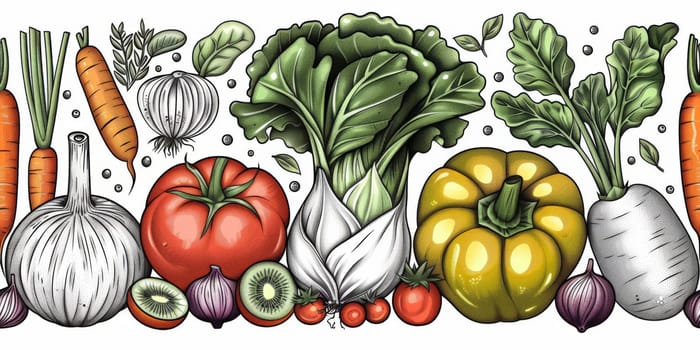 drawing seamless pattern with vegetables and fruits at white background hand drawn illustration