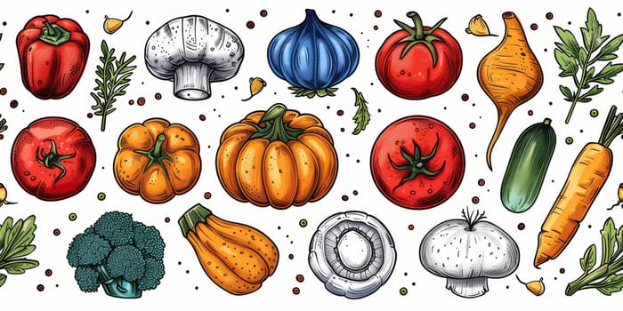 drawing seamless pattern with vegetables and fruits at white background hand drawn illustration