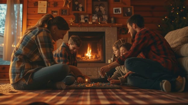 The family is sitting on the hardwood floor, sharing a fun board game event in front of the fireplace, enjoying the warmth and darkness. AIG41