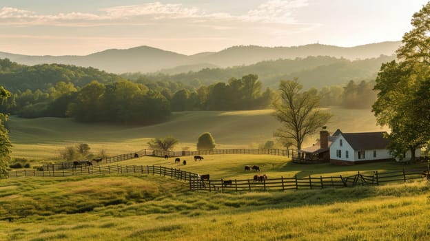 A serene landscape showcasing a rustic farmhouse with a red roof, surrounded by green pastures and grazing cattle under a dramatic stormy sky. Resplendent.