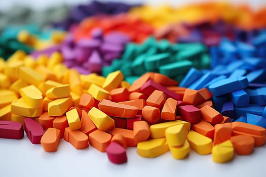 A pile of multi-colored crayons on a white background.