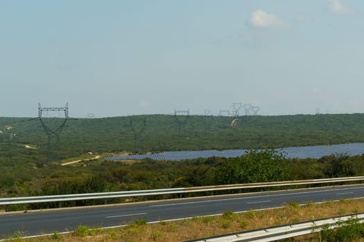 A high-voltage power line passing through a forest plantation, next to solar panels.