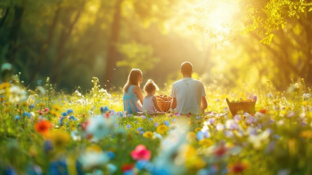 A happy family gathered in a natural landscape, enjoying a picnic amidst blooming flowers, lush grass, and under the warm sunlight. AIG41