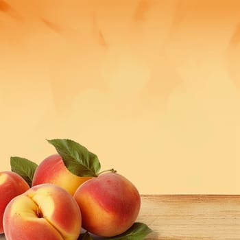 Fresh peaches on a wooden surface against a warm orange backdrop.