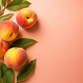 Fresh peaches with leaves on pink background.