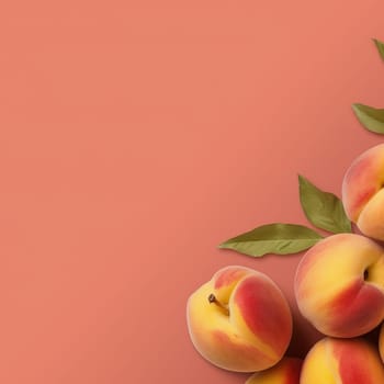 Fresh peaches with leaves on a salmon-colored background