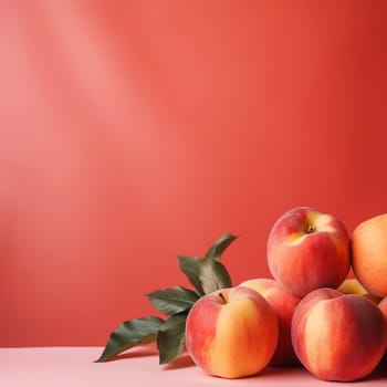 Fresh peaches with leaves on pink background.