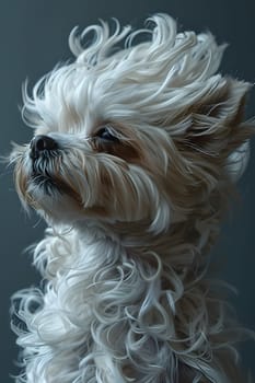 A closeup of a small white toy dog with curly hair fluttering in the wind, showing its adorable head, ears, and snout. Likely a terrier breed, a carnivorous companion dog