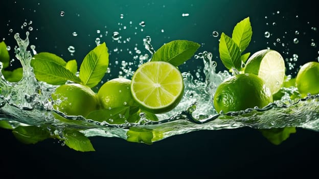 Limes and mint flying in the air and splashing water.